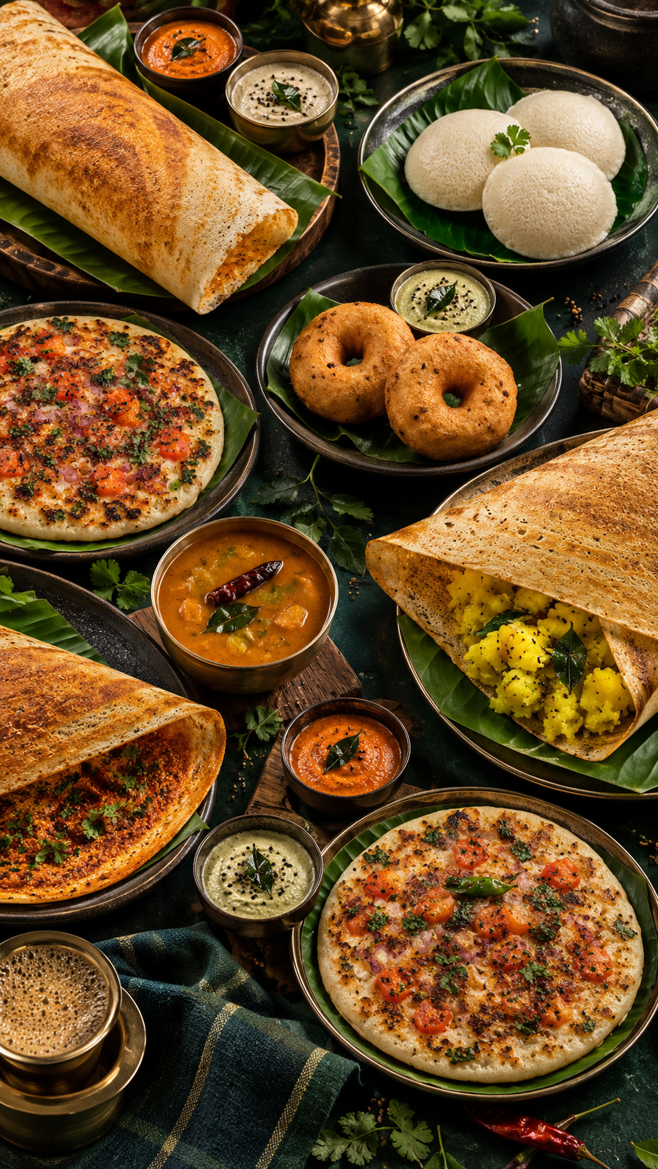 South Indian dosa, idli and traditional accompaniments